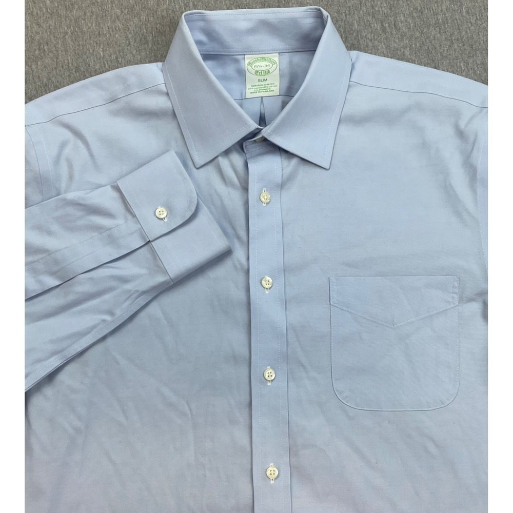 Brooks Brothers Shirt Mens 15.5 - 34 Blue Cotton Blend Stretch Slim Button Up
